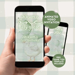 One Silly Goose First Birthday Invitation, Digital 1st Bday Gender Neutral Animated Invite, Editable Sage Green Gingham 1st Birthday Evite