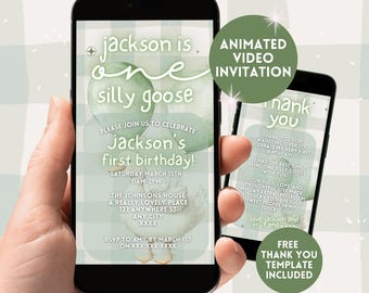 Invitación de primer cumpleaños de One Silly Goose, invitación digital animada de primer cumpleaños de género neutro, invitación editable de vichy verde salvia para primer cumpleaños de Evite