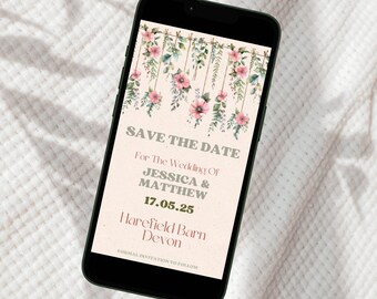 Digital Save The Date Einladung, elektronische Blush Pink Floral E-Einladung mit Video für Hochzeit, bearbeitbare Save The Date Textnachricht einladen