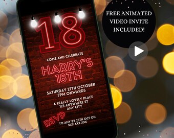 Digital 18th Birthday Invitation For Him, Electronic Black And Neon Red Eighteenth Bday Party Invite, Instant Download Mobile Evite Template