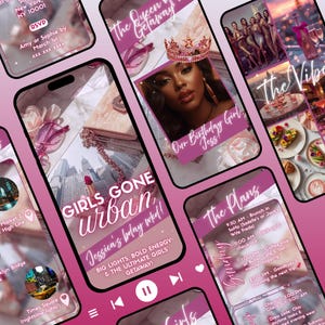 May include: A series of pink-themed smartphone screens showcasing a girls' getaway theme. The screens display text like "Girls Gone Urban" and "The Queen's Getaway," along with images of cityscapes, food, and a woman wearing a crown. The overall aesthetic is feminine and celebratory.