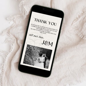 Carte électronique numérique de remerciement pour mariage minimaliste, note de remerciement électronique pour fête, message texte d'appréciation moderne modifiable pour téléphone portable