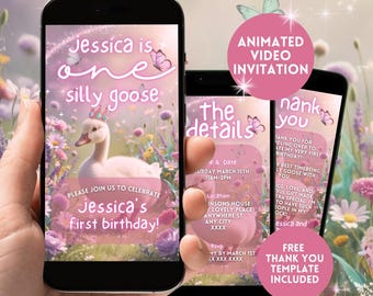 Invitación de primer cumpleaños de One Silly Goose, invitación digital rosa animada para el primer cumpleaños de niñas, invitación editable para el primer cumpleaños de Goose, fiesta de Silly Goose