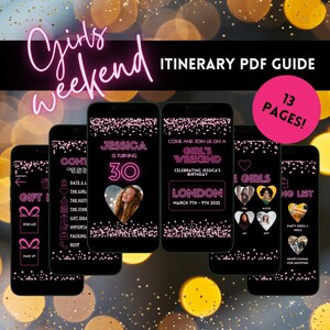 Digital Birthday Weekend Itinerary Invitation For Her, Electronic Black & Hot Pink Girl&#39;s Trip Travel Template, Editable Planner For Mobile
