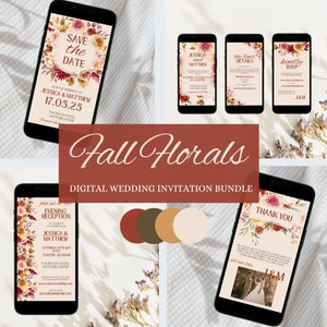 Digitale huwelijksuitnodigingsbundel, elektronische herfstbloemen e-uitnodiging voor herfstbruiloft, moderne zero waste smartphone-uitnodigingssjablonen