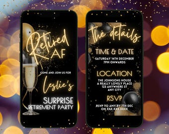 Digital Surprise Retirement Party Invitation, Modern Black And Gold Retirement Dinner Invite Template, Instant Download Mobile Phone Evite