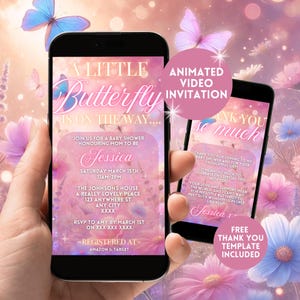 Digital Butterfly Baby Shower Invitation,Electronic Pink Little Butterfly Animated Baby Shower Phone Invite, Instant Download Evite Template
