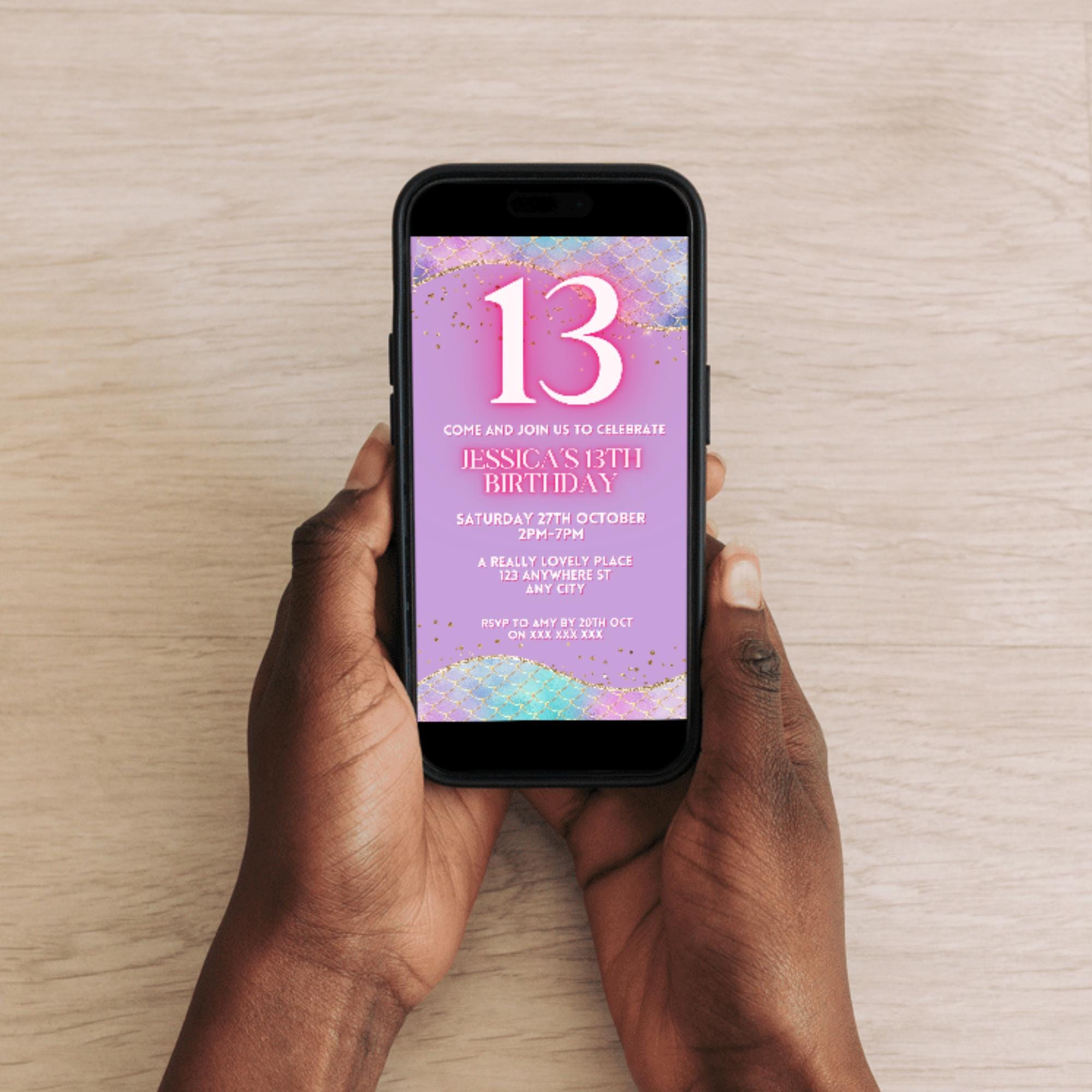 彼女のためのデジタル13歳の誕生日パーティー招待状、電子女の子のあらゆる年齢のピンクとゴールドのマーメイドパーティー招待状、即時ダウンロードスマートフォンEvite  - Etsy 日本
