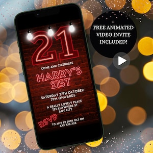 Puede incluir: Una invitación digital para una fiesta de cumpleaños número 21 con un diseño de letrero de neón. La invitación presenta el texto "Harry's 21st" e incluye detalles sobre la fecha, la hora y el lugar de la fiesta. La invitación también incluye una solicitud de RSVP.