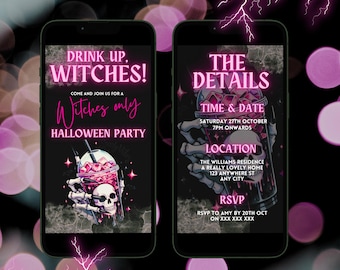 Digital Halloween Party Invitation For Her, Electronic Women&#39;s Hot Pink Spooky Party Invite, Halloween Girl&#39;s Night In Evite For Smart Phone
