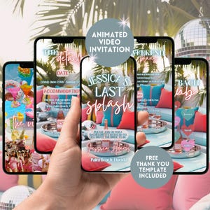 May include: A hand holding a smartphone displaying a bachelorette party invitation. The invitation features text that reads "Jessica's Last Splash" and "Palm Beach, Florida." Other screens show details and weekend plans.