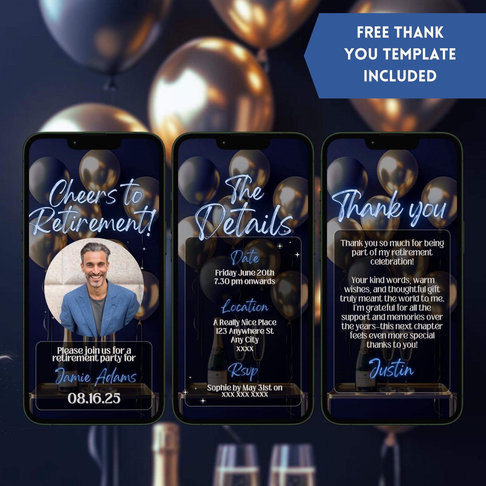 Retirement Send Off Retirement Party Invitation for Him, Animated Navy & Gold Work ...
