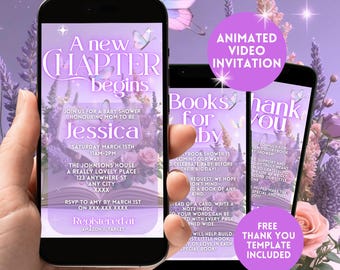 A New Chapter Begins Baby Shower Invitation,Floral Storybook Baby Shower Digital Invite,Animated Video Book Shower Smartphone Evite Template