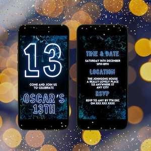 Digital 13th Birthday Party Invitation For Him, Electronic Boys Thirteenth Black And Neon Blue Party Invite,Animated Video Smartphone Evite