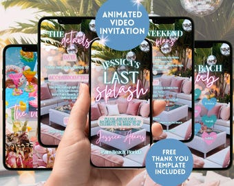 Last Splash Bachelorette Weekend Itinerary Invitation, Animated Bachelorette Girl's Trip Itinerary Template, Digital Hen Pool Party Invite