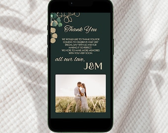 Matrimonio digitale in eucalipto Grazie eCard, Nota di ringraziamento per feste elettroniche, Messaggio di testo di apprezzamento moderno verde modificabile per il telefono cellulare
