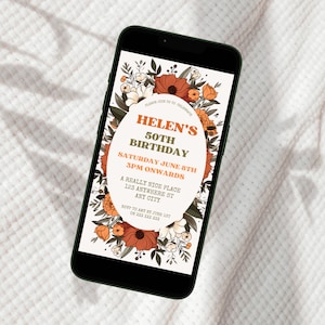 Digital 50th Birthday Invitation For Women, Electronic Retro Floral Fifty B-Day Invite For Her, Mobile Phone Evite, Text Message E-Invite