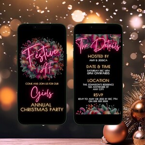 Op de afbeelding: Twee smartphones met uitnodigingen voor een kerstfeest. De linkertelefoon toont "Festive AF" in roze neon, omringd door feestelijke decoraties. De rechtertelefoon geeft de datum, tijd, locatie en RSVP-informatie van het feest.