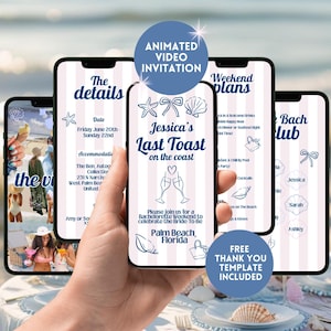 Last Toast On The Coast Bachelorette Itinerary Invitation, Animated Coastal Beach Bach Weekend Invite, Editable Bridal Hen Do Canva Template