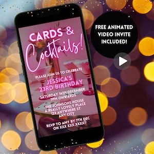 Invitación a fiesta de noche de juegos digitales para mujeres, tarjetas electrónicas para cualquier edad y cócteles, invitación de cumpleaños para ella, noche de chicas en Canva animada Evite