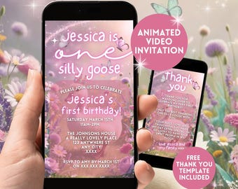 Invitación de primer cumpleaños de One Silly Goose, invitación digital rosa animada para el primer cumpleaños de niñas, invitación editable para el primer cumpleaños de Goose, fiesta de Silly Goose