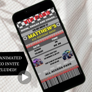 May include: A digital invitation for a 4th birthday party with a monster truck theme. The invitation is designed to look like a VIP pass with a black and white checkered background. The text on the invitation reads "BOOM, SMASH AND CRASH... YOU ARE INVITED TO MATTHEW'S 4TH BIRTHDAY BASH!" with a monster truck graphic.