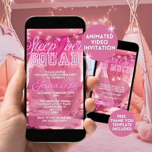 Digital 13th Birthday Sleepover Invitation For Her, Electronic Pink Girls Slumber Party Invite, Pajama Party Animated Video Smartphone Evite