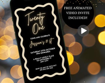 Digital 21st Birthday Party Invitation For Women, Electronic Black And Gold Twenty One Party Invite, Instant Download Mobile Phone E-invite