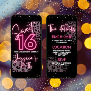 Può includere: Un invito digitale per una festa di Sweet 16. L'invito presenta un numero 16 al neon rosa su uno sfondo con stampa leopardata. Il testo "Sweet 16" e "Jessica's 16th" sono in neon rosa. L'invito include anche i dettagli della festa, tra cui la data, l'ora, il luogo e le informazioni di RSVP.