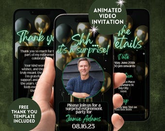 Surprise Retirement Party Invitation For Him, Animated Green & Black Work Colleague Send Off Party Invite, Editable Mens Retirement Template