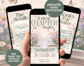 A New Chapter Begins Baby Shower Invitation,Floral Storybook Baby Shower Digital Invite,Animated Video Book Shower Smartphone Evite Template