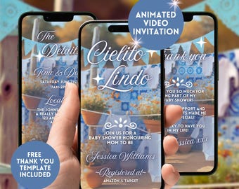 Cielito Lindo Baby Shower Invitation, Animated Mexican Talavera Video Invite, Digital Baby Shower Papel Picado Party Evite, Canva Template