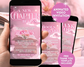 A New Chapter Begins Baby Shower Invitation,Storybook Baby Shower Digital Invite,Pink Animated Video Book Theme Shower Evite, Canva Template