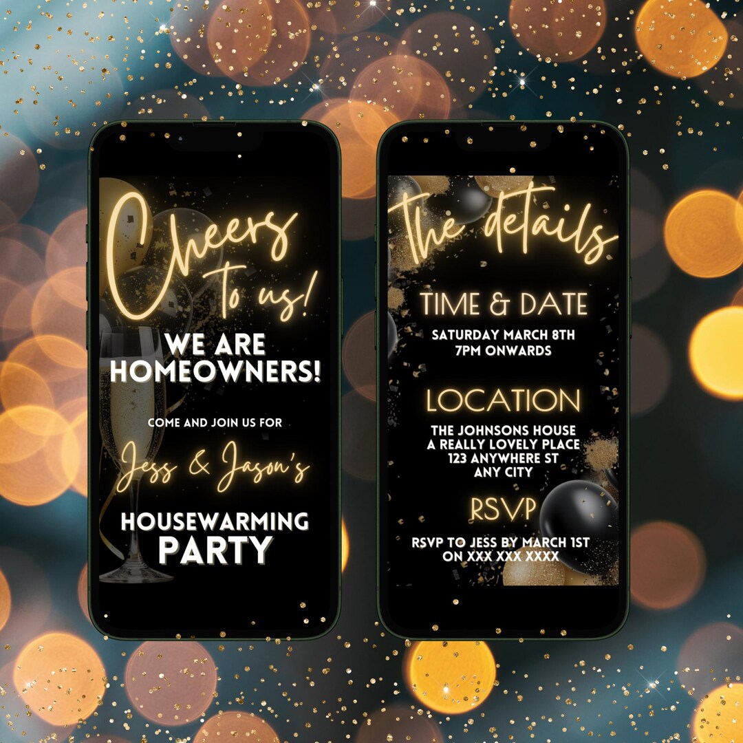 Digital Housewarming Invitation, Editable Modern Black and Gold New ...