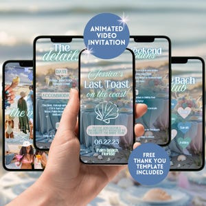 Last Toast On The Coast Bachelorette Itinerary Invitation, Animated Coastal Beach Bach Weekend Invite, Editable Bridal Hen Do Canva Template