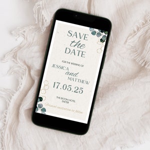 Plantilla digital de invitación electrónica para guardar la fecha, Invitación electrónica verde eucalipto y dorada para boda, Mensaje de texto móvil Guardar la fecha