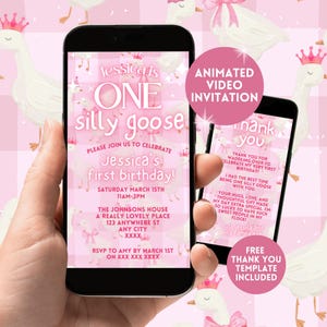One Silly Goose First Birthday Invitation, Digital Girls 1st Bday Pink Animated Invite,Editable Gingham 1st Birthday Evite,Silly Goose Party