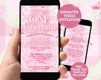 One Silly Goose First Birthday Invitation, Digital Girls 1st Bday Pink Animated Invite,Editable Gingham 1st Birthday Evite,Silly Goose Party