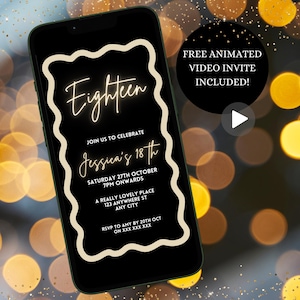 Digital 18th Birthday Party Invitation For Women, Electronic Minimal Black And Gold Eighteenth Party Invite,Instant Download Mobile E-invite