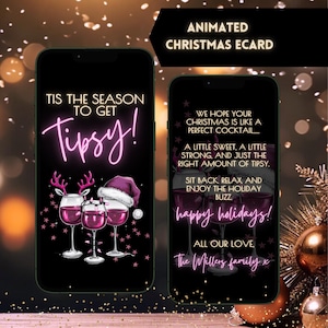 Cartão eletrônico de Natal animado digital, modelo de cartão eletrônico para smartphone festivo rosa e dourado Canva, download instantâneo de cartão de felicitações editável