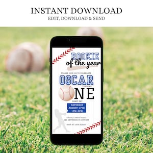 Rookie Of The Year First Birthday Invite, Baseball 1st Birthday Invitation Template, Sports 1st Birthday Invitation For Boy, Editable Evite