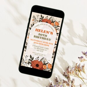 Digital 50th Birthday Invitation For Women, Electronic Retro Floral Fifty B-Day Invite For Her, Mobile Phone Evite, Text Message E-Invite