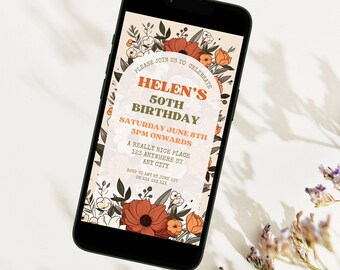 Digital 50th Birthday Invitation For Women, Electronic Retro Floral Fifty B-Day Invite For Her, Mobile Phone Evite, Text Message E-Invite