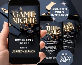 Digital Game Night Invitation For Adult's, Electronic Modern Casino Party Invite, Adult Game Night, Smartphone Animated Video Evite Template