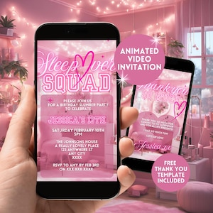 Digital 13th Birthday Sleepover Invitation For Her, Electronic Pink Girls Slumber Party Invite, Pajama Party Animated Video Smartphone Evite