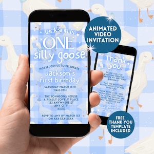 One Silly Goose First Birthday Invitation, Digital Boys 1st Bday Animated Video Invite, Editable Gingham Goose 1st Birthday Smartphone Evite