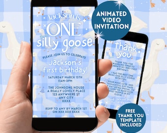 Invitación de primer cumpleaños de One Silly Goose, video animado digital para el primer cumpleaños de un niño, invitación editable de cumpleaños de ganso a cuadros para smartphone con formato Evite