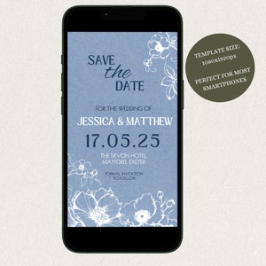 Save The Date Electronic Invitation For Phone, Digital Dusty Blue Floral E-invite For Wedding, Editable Save The Date Text Invite Template image 3