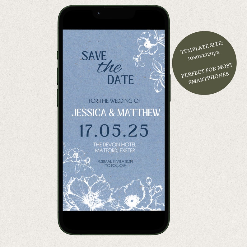 Save The Date Electronic Invitation For Phone, Digital Dusty Blue Floral E-invite For Wedding, Editable Save The Date Text Invite Template image 3
