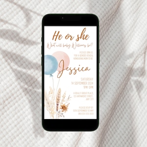 Puede incluir: Una invitación a una fiesta de revelación de género con un diseño de globos azul y rosa. La invitación dice "He or she, What will baby Williams be?" e incluye la fecha, la hora y la ubicación del evento. La invitación también incluye el nombre "Jessica" en una fuente decorativa.